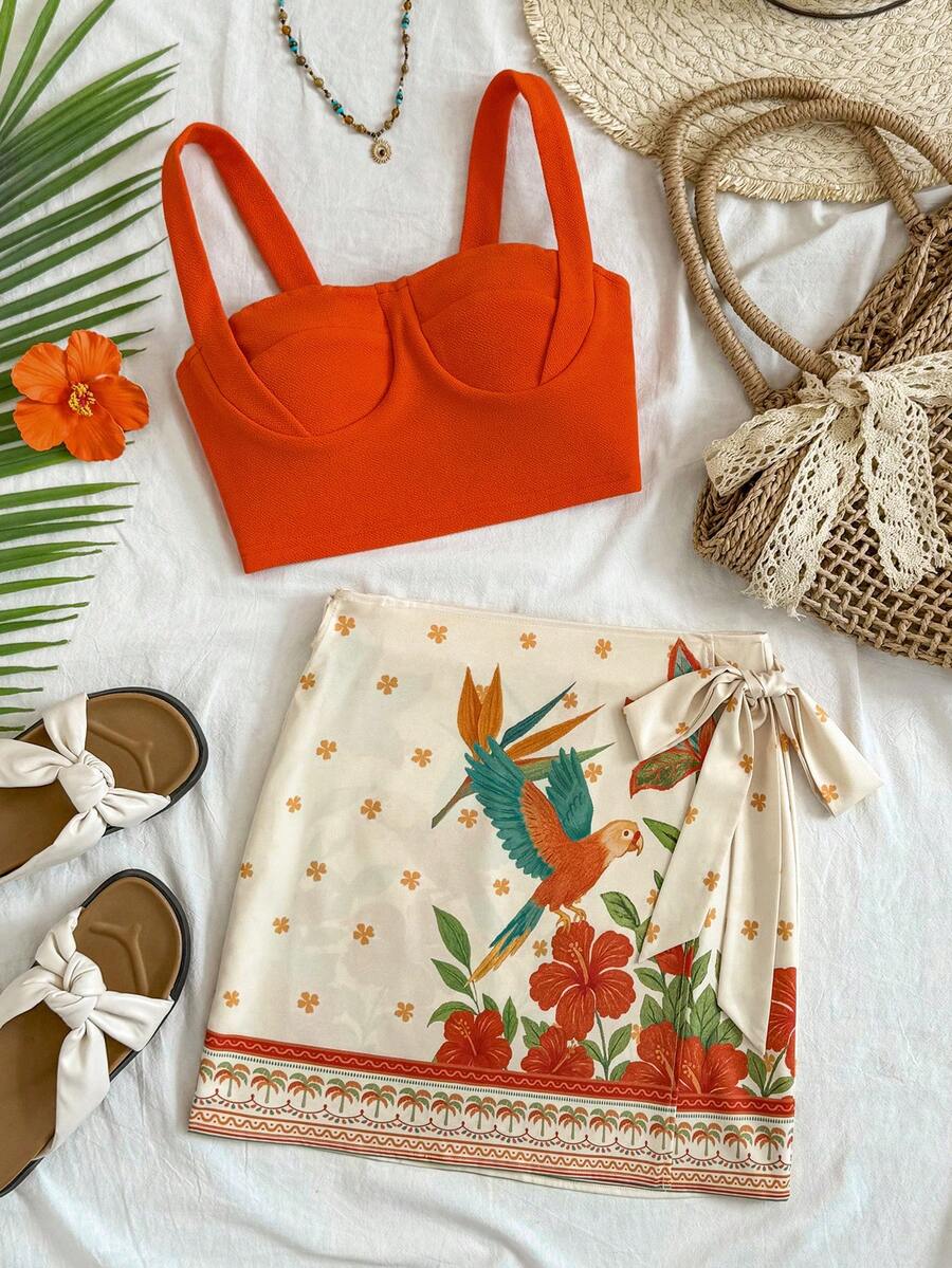 Travachic 女士纯色露脐吊带背心和印花侧系带半身裙度假套装 - 彩色 - 查看 1