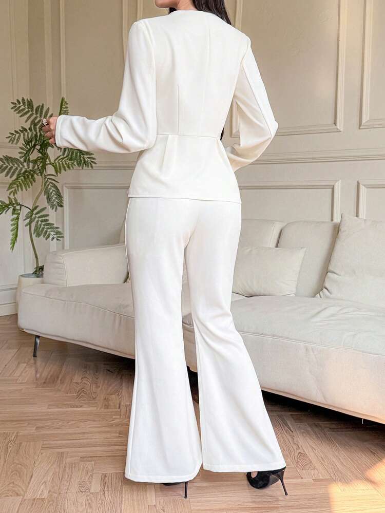 Women's Casual Solid Color V-Neck Jacket And Flared Pants Suit, Spring/Summer