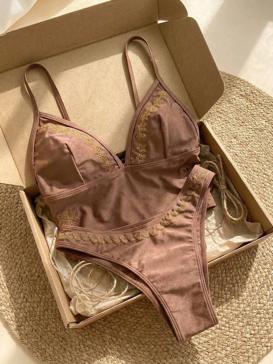 Bonvoyette Conjunto de camiseta y tankini de baño casual bordado en marrón para mujer - Marrón - Ver 1