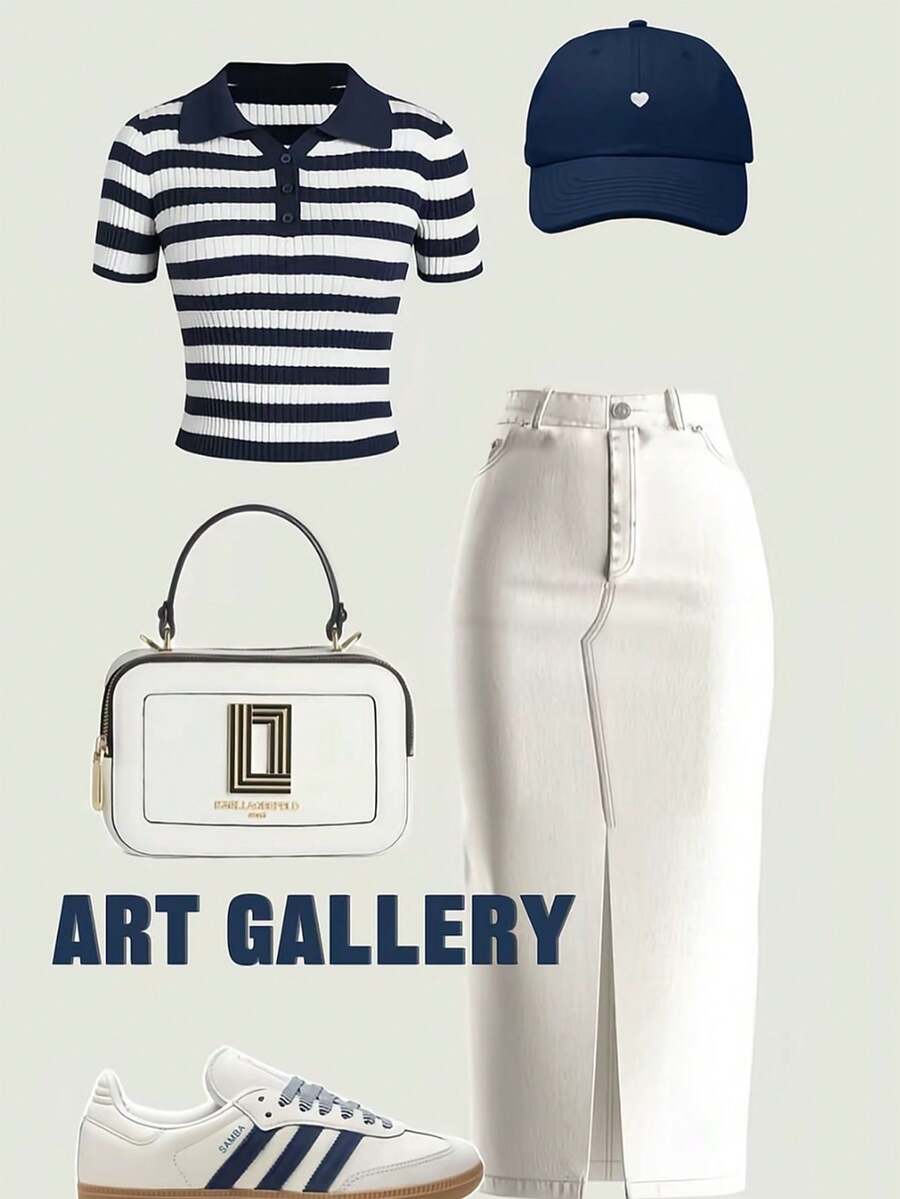 Qadelle 女士休闲条纹短袖修身T恤，夏季 - 藍白色 - 查看 1