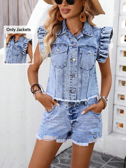 Breezaya Plus Size Women's Turndown Collar Single-Breasted Frayed Hem Casual Versatile Everyday Denim Jacket