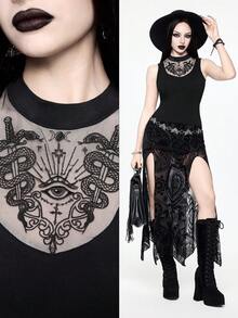 ROMWE Goth Camiseta ajustada de cuello alto con diseño hueco de ojo de serpiente estilo gótico bohemio - Negro - Ver 1