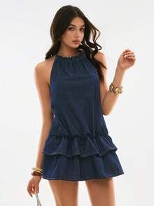 Poéselle Women's Ruffled Hem Halter Neck Denim Dress - Dark Wash - View 1