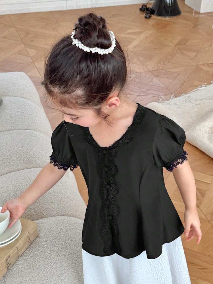 Girls V-Neck Short Sleeve Lace Patchwork Shirt, Summer