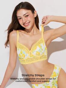LUVLETTE Breathable Lace Elegance Unlined Push-Up Breezy Comfort Balconette Lemon Print Vacation Style Corset Lingerie Minimizer Bra Now Trending - Multicolor - View 4