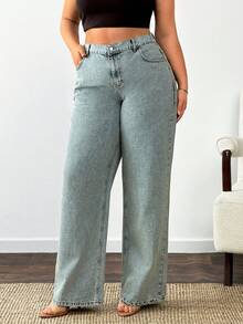 SHEIN 100% Cotton Plus High Waist Casual Straight Jean - Medium Wash - View 5