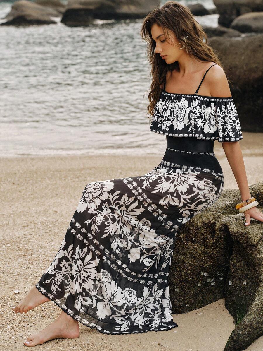 Swim Oasis 2pcs/Set Summer Fashion 3D Print Design High-End Bestselling Ruffled One-Piece Swimsuit With Beach Cover-Up Dress - Multicolor - View 1