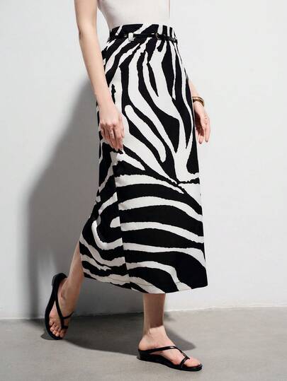 Aveloria Modichic Zebra Print High Waist Straight Skirt With Belt, Minimalist Elegant Commuter Vintage Style Versatile Skirt