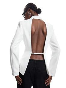 Aveloria Affinna White Backless Women's Blazer, High-End Wide Shoulder Silhouette, Metal Asymmetric Buckle Minimalist Deconstructed Style Women's Blazer - White - View 1