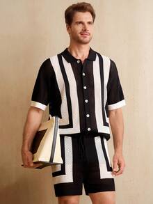 Genlund 男士度假休闲撞色镂空针织上衣和短裤套装 - 彩色 - 查看 4