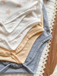 SHEIN Vintaside Kids 4pcs/Set Baby Boy/Girl Cute Knitted Elastic Striped Short Sleeve Rompers, Basic Bodysuit Multi-Pack, Spring/Summer - Multicolor - View 6