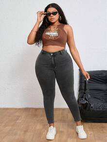 SHEIN ICON 大码女式高腰修身休闲百搭牛仔裤 - 淺灰色 - 查看 6