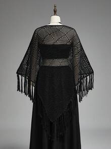ROMWE Goth Áo choàng len poncho kiểu phương Tây Boho với thiết kế tua rua bất đối xứng và khoét sâu, chất liệu mỏng nhẹ. - màu đen - Xem 2