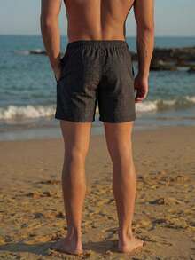 Manfinity EZcore Plus Size Men's Letter Print Drawstring Waist Loose Beach Shorts Men Swim Trunks - Black - View 3