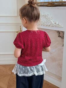 DAZY Young Girl Round Neck Polka Dot & Letter Print Casual Versatile Daily Short Sleeve T-Shirt - Red - View 5