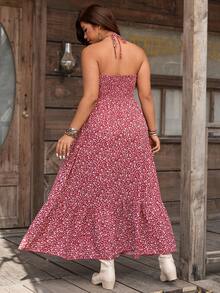 SHEIN LUNE Đầm maxi cúp ngực, thắt eo, màu đỏ rượu vang họa tiết hoa nhí dành cho nữ cỡ lớn, trang phục thường ngày đi biển mùa xuân/hè. - Đỏ - Xem 2