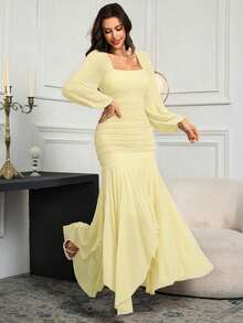 xheModelyn Vestido elegante de manga larga con cuello cuadrado plisado y unicolor para mujerxhe - Amarillo claro - Ver 5