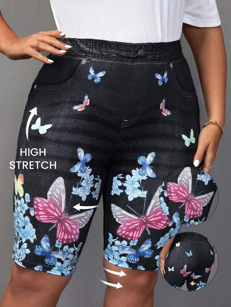 Plus Size Women Butterfly Print Casual Short Leggings