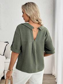 SHEIN LUNE Women's Casual Mid-Sleeve Shirt With Ring Decor, Suitable For Daily Wear And Vacation - Army Green - View 2