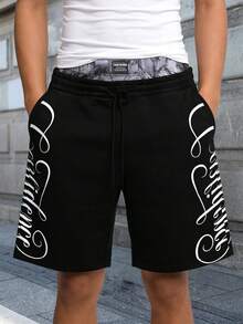 Manfinity EMRG 男士字母印花抽绳腰带休闲宽松短裤 - 黑色 - 查看 2