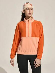 Exploreva Exploreva Women's Contrast Color Splicing Stand Collar Outdoor Fleece Jacket Orange Sweatshirt - Orange - View 2