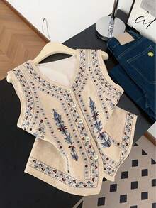 GlowEve 女士碎花图案V领单排扣休闲背心 - 彩色 - 查看 3
