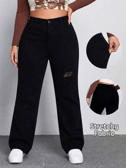 Jeans Rectos Rotos de Talla Curvy de Color Negro para Mujer, Pantalones que Levantan las Nalgas y Adelgazan las Piernas
