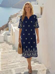 EMERY ROSE Casual Retro Printed Pattern Mid-Length Dress For Women, Suitable For All Seasons Holiday Outfits For Women Elegant Dresses For Women Floral Dress Spring Dress Women Summer Holiday Outfits Beach Outfits For Women,Casual - Multicolor - View 4