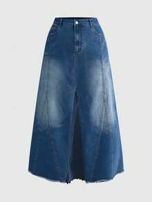 ROMWE Hippie Plus Size Vintage Washed Denim A-Line Skirt, Versatile For All Seasons - Blue - View 1
