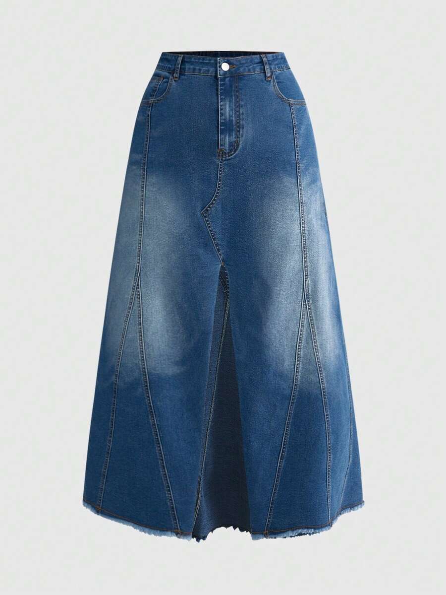 ROMWE Hippie Plus Size Vintage Washed Denim A-Line Skirt, Versatile For All Seasons - Blue - View 1