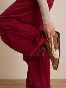 Easelle 酒红色字母刺绣弹力腰休闲宽松女裤 - 酒紅色 - 查看 5