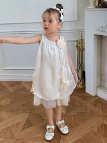 DAZY Young Girl Tulle Princess Dress Floral Decor Sleeveless Dress - Apricot - View 3