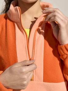 Exploreva Exploreva Women's Contrast Color Splicing Stand Collar Outdoor Fleece Jacket Orange Sweatshirt - Orange - View 5
