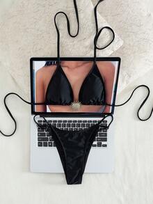 Swim SXY Summer Vacation Sexy Solid Color Metal Accessory Halter Backless Drawstring Triangle Cup Bikini Set - Black - View 7