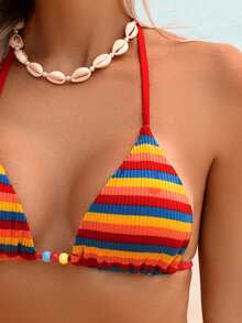 Swim Mod 2pcs/Set Women's Textured Colorful Striped Halter Neck Spaghetti Strap Beaded Triangle Bikini Swimwear, Suitable For Spring/Summer Beach - Multicolor - View 5