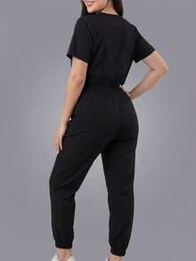 Set Surgical Uniform Set 2 Pieces Lady Woman Sleeve Short Neck V Pants Jogger Spring Comfy Drawstring - Black - View 2