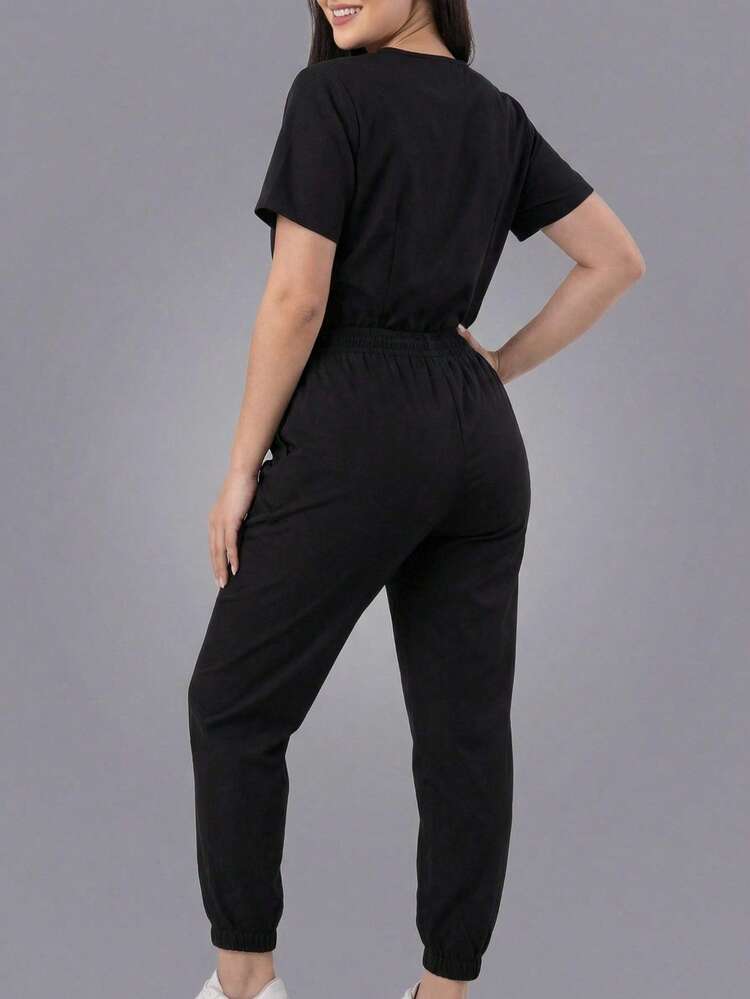 Conjunto uniforme médico quirúrgico set 2 piezas dama mujer manga corta cuello v pantalón jogger resorte cordón cómodo - Negro - Añade 2