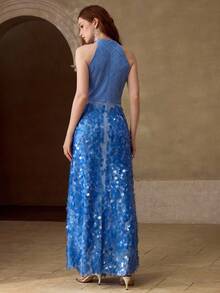 MOTF PREMIUM NEW SLEEVELESS CONTRAST SEQUIN ELEGANT DRESS, FASHION SUMMER BACKLESS SLIM LONG DRESS - Blue - View 4