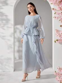 Solavon 女士优雅通勤纯色3D立体花卉缎带装饰灯笼袖上衣和半裙两件套 - 淺藍色 - 查看 7