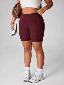 Rhythm Era 大码高腰瑜伽短裤，带口袋，提臀健身运动短裤（女款） - 酒紅色 - 查看 5