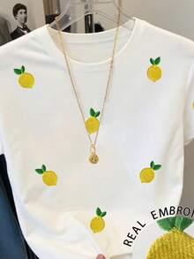 Resyla Camiseta de manga corta con cuello redondo y bordado de limón para tallas grandes - Blanco - Ver 4