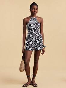 Travachic Women's Vacation Casual All-Over Print Halter Romper - Black and White - View 3