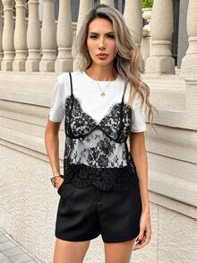 Pariaura 女士性感蕾丝T恤露脐上衣 - 白色短袖圆领T恤，黑色花卉薄纱蕾丝吊带背心，修身休闲派对上衣 - 黑與白 - 查看 5