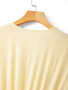 Louniche 女士休闲百搭棉麻V领收腰褶裥下摆连衣裙 - 黃色 - 查看 5