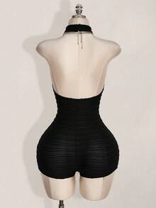 SHEIN ICON 2026 New Arrive Women's Black Halter Backless Bodycon Turtleneck Jumpsuit, Casual Basics,Spring&Summer - Black - View 2