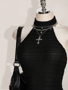 SHEIN ICON 2026 New Arrive Women's Black Halter Backless Bodycon Turtleneck Jumpsuit, Casual Basics,Spring&Summer - Black - View 5