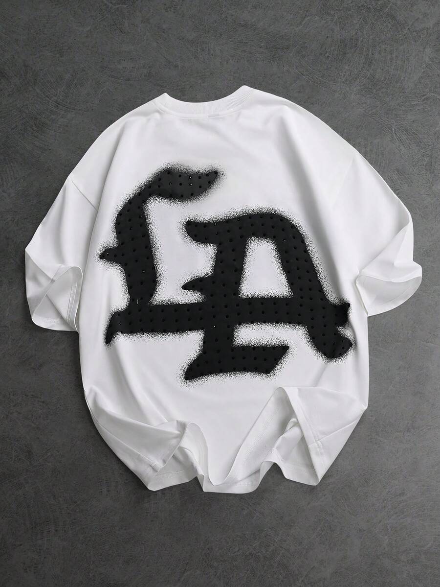 SLATEMANN 男士休闲字母印花水钻装饰短袖T恤，夏季 - 白色 - 查看 1