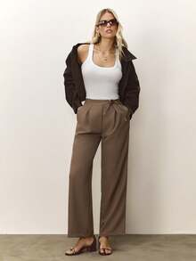 纯色系带前褶阔腿裤 - 米色 - 查看 6