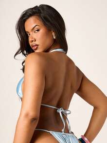 Missguided x Playboy Women's Light Blue Rhinestone Bunny Graphic Halter Triangle Bikini Set With Tie Side Bottoms For Summer Beach Vacation - Baby Blue - View 2