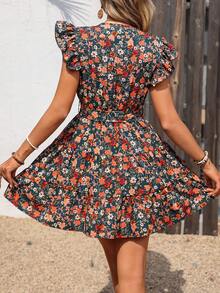 SHEIN LUNE Elegant Women's Multicolor Floral Print Mini A Line Dress With V Neck Flounce Cap Sleeves Ruffle Hem - Multicolor - View 2